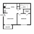 Compact floor plan featuring a cozy bedroom, modern kitchen, open living and dining area, complete with a balcony.