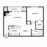 Modern floor plan featuring a spacious bedroom, open living room with fireplace, stylish kitchen, and private balcony access. Includes a walk-in closet and ample storage.