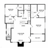 Spacious floor plan featuring three elegantly arranged bedrooms, an expansive living room with fireplace, modern kitchen, and a charming balcony.