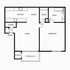 Modern 1-bedroom floor plan with open living and dining area, sleek kitchen, and private patio/balcony with storage.