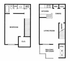 Modern two-story floor plan with a spacious bedroom and full bath on the upper level, and an open kitchen, dining, and living area opening to a private balcony on the lower level.
