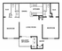 Modern 2D floor plan showcasing 2 bedrooms, spacious living room, functional kitchen, and two bathrooms with balcony access.