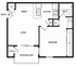 Modern 1-bedroom floor plan featuring a spacious living and dining area, efficient kitchen, and private patio/balcony with extra storage.