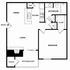 Chic 1-bedroom apartment floor plan showcasing an open living and dining area, modern kitchen, and spacious balcony with storage.
