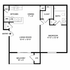 Modern one-bedroom apartment floor plan featuring a spacious living room, kitchen with pantry, dining area, and private balcony.