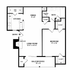 Charming floor plan featuring a spacious 1-bedroom layout with cozy living room, functional kitchen, and inviting balcony/patio.