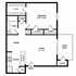 Modern floor plan featuring 1 spacious bedroom, a cozy living area with dining space, stylish kitchen with a pantry, and a relaxing patio/deck with added storage.