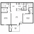 Contemporary floor plan featuring 2 bedrooms, 2 baths, an open kitchen, a cozy living area, and a spacious patio/deck.