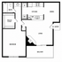 Modern floor plan featuring one bedroom with walk-in closet, a sleek kitchen, open dining and living area, and a cozy balcony.