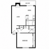 Modern 1-bedroom floor plan showcasing open living and dining area with balcony, stylish kitchen, and chic bathroom.