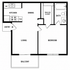 Modern apartment floor plan with one bedroom, spacious living area, open kitchen, dining space, walk-in closet, and balcony access.