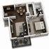 Elegant open-concept floor plan showcasing a cozy bedroom, modern kitchen, inviting living area, and a charming balcony space.