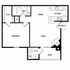 Modern floor plan featuring a spacious bedroom, open living and dining area, equipped kitchen, and a cozy patio. Includes convenient utility space and bathroom layout.
