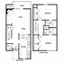 Modern two-story floor plan featuring a spacious living area with patio access, two bedrooms, a sleek kitchen with dining space, and dual bathrooms for ultimate convenience.