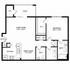 Modern floor plan showcasing a spacious 1-bedroom apartment with a generous living room, two baths, a walk-in closet, a well-equipped kitchen, dining area, and a cozy patio.