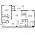 Contemporary floor plan showcasing two bedrooms, two bathrooms, a cozy living area, and a modern kitchen with dining space, complete with a private balcony and ample storage.