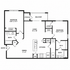 Chic apartment floor plan with 2 bedrooms, modern kitchen, spacious living room, and private balcony, ideal for stylish living.