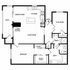 Modern floor plan showcasing 1 bedroom, a flex room, spacious living area with a 3-sided optional fireplace, open kitchen, and two bathrooms. Includes patio access and a walk-in closet.