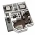 Modern 3D floor plan showcasing two spacious bedrooms, an elegant open-plan living and dining area, and a sleek kitchen. Perfect for comfortable urban living with a stylish balcony.