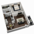 Modern 3D apartment layout featuring a cozy bedroom, sleek kitchen, elegant living area, and private balcony.