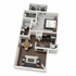 Modern floor plan showcasing a cozy one-bedroom apartment with hardwood floors, stylish living and dining area, well-equipped kitchen, and private balcony.