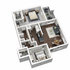 Modern 3D floor plan featuring two spacious bedrooms, a stylish open-concept living and dining area, and a cozy balcony.