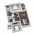 Modern 3D floor plan featuring two spacious bedrooms, a sleek living area, open kitchen, two bathrooms, and a cozy balcony.