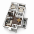 Contemporary 3D floor plan showcasing a stylish 2-bedroom apartment with an open-plan living and dining area, modern kitchen, cozy balcony, and elegant hardwood floors.