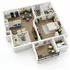 Inviting 3D floor plan showcasing a modern apartment with 1 bedroom, spacious open-concept living and dining area, stylish kitchen with island, and cozy balcony for relaxation.