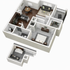 Modern 3D floor plan showcasing two bedrooms, an elegant open kitchen, and a cozy living area with balcony access.