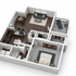 Chic and modern 3D floor plan featuring a spacious bedroom, open-plan living and dining area with sleek kitchen, and a private balcony for relaxing.