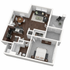 Contemporary 3D floor plan showcasing a spacious one-bedroom apartment with an open living space, elegant kitchen, and inviting balcony.