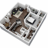 Chic 3D apartment floor plan showcasing a modern one-bedroom layout, open-concept kitchen and living area, and private balcony.