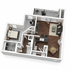 Modern open-concept floor plan featuring a spacious bedroom, sleek kitchen with island, inviting living area, stylish bathroom, and private balcony.