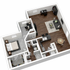 Modern 3D floor plan showcasing a stylish one-bedroom apartment with a spacious open-concept living area, sleek kitchen, and cozy dining space, highlighted by rich wood flooring.