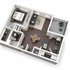 Modern 3D floor plan showcasing 1 bedroom, a chic open living and dining area, sleek kitchen, elegant bathroom, and a spacious balcony.