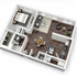Modern 3D floor plan showcasing a cozy one-bedroom apartment with an open-concept living area, sleek kitchen, and stylish bathroom.