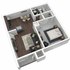 Modern 3D floor plan showcasing a cozy 1-bedroom apartment with a stylish kitchen, inviting living room, and a functional bathroom layout.