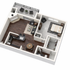 Elegant 3D floor plan featuring a spacious bedroom, modern kitchen, and cozy living area with hardwood flooring and a private balcony.