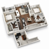 Modern 3D floor plan showcasing two spacious bedrooms, an elegant living room, and a chic kitchen with dining area, ideal for contemporary living.