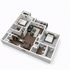 Elegant 3D floor plan showcasing two bedrooms, open-concept living area, modern kitchen, and private balcony.