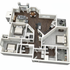 Modern 3D floor plan showcasing a stylish apartment with 3 bedrooms, open living area, and contemporary kitchen.