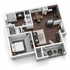 Chic floor plan showcasing a modern 1-bedroom apartment with open-concept living and dining area, sleek kitchen, and private balcony.