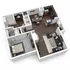 Chic 3D floor plan featuring a cozy bedroom, modern bathroom, open-concept living and dining area, and sleek kitchen with hardwood floors.