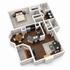 Chic 3D floor plan featuring a spacious bedroom, modern kitchen with island, and cozy living room, ideal for stylish living.