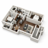 Elegant 3D floor plan of a modern apartment featuring 2 spacious bedrooms, open-concept living and dining area, stylish kitchen, and 2 bathrooms.