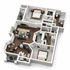 Contemporary 3D floor plan showcasing 2 elegant bedrooms, a chic open living room, a stylish dining area, and a modern kitchen, ideal for sophisticated urban living.