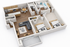 Inviting 3D floor plan with two cozy bedrooms, a modern kitchen with an island, open living space, and elegant laminate flooring.