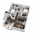 Modern 3D floor plan featuring two cozy bedrooms, a sleek open-concept kitchen, and a stylish living and dining area with wooden flooring.