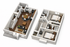 Chic 3D floor plan showcasing a duplex apartment with a cozy living area, modern kitchen, and two elegant bedrooms upstairs.